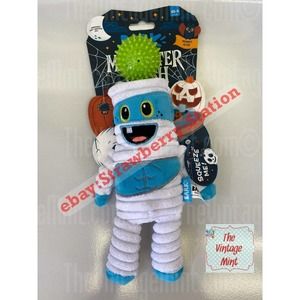 Bark Box Halloween Dog Chew Toy Mummy Ache Pull Squeaker Spiky Ball Fluff New